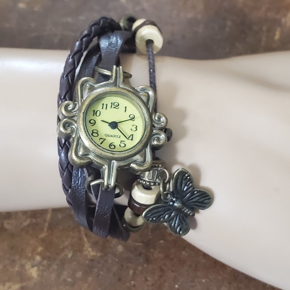 Beaded Bracelet Boho Watch - Butterfly Charm - Brown